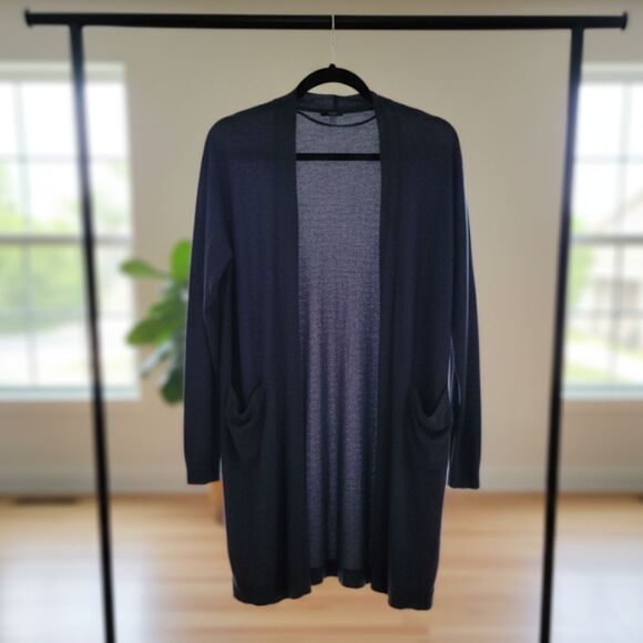 Uniqlo Duster Long Cardigan Women's Small Linen Lightweight Pockets Navy Blue - Picture 2 of 8
